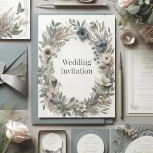 Wedding invitation cards with blues and greens