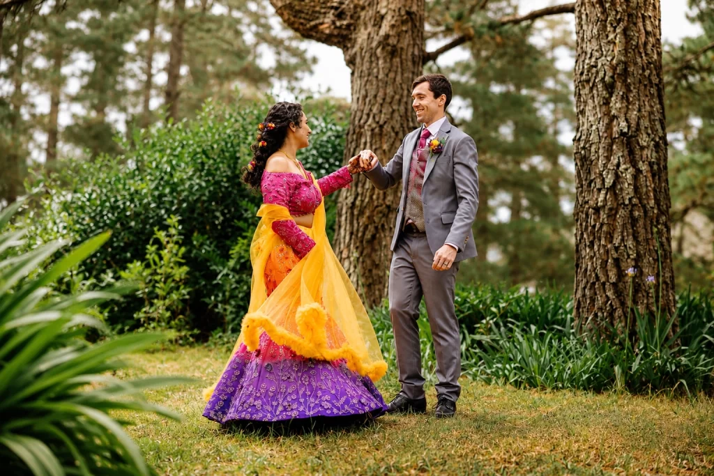 Bride and groom in a garden wedding ceremony